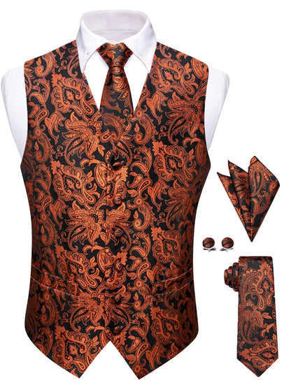 Mens Royal Blue Red Bronwn Orange Vest Tie Hanky Cufflinks Set Paisley Waistcoat Sleeveless for Male Wedding Busniess