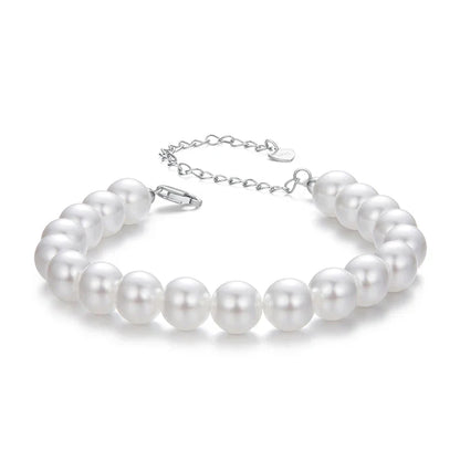 White Pearl Bracelets for Women, 925 Silver Adjustable Clasp Chain Faux Pearl Beaded Bracelets Bridal Wedding Jewelry
