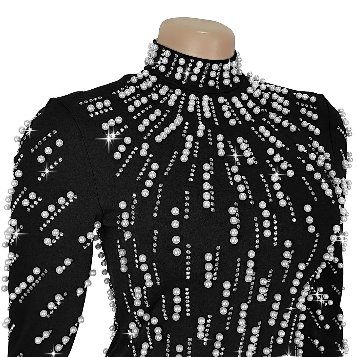 Temperament Elegant Party Diamond Pearl Long Bodycon Dress Women O Neck Long Sleeve Glitter Club Evening Black Sheath Maxi Dress