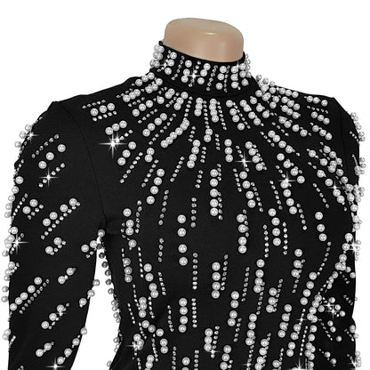 Temperament Elegant Party Diamond Pearl Long Bodycon Dress Women O Neck Long Sleeve Glitter Club Evening Black Sheath Maxi Dress