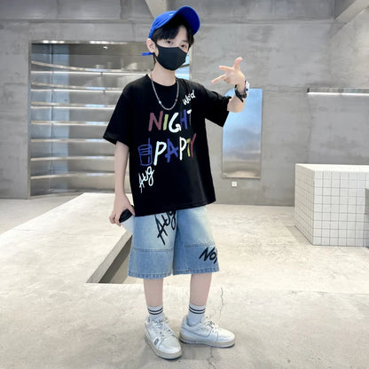 Luxurious Boys Set Summer Outfit Suit Age 5 6 7 8 9 10 11 12 13 14 Years Child Clothing Set Kids Letter T-shirt and Denim Shorts