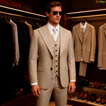 Apricot Men's Striped Three-piece Suit, Featuring A Jacket and Vest Paired with Pants—perfect for Weddings, Parties, or Office.