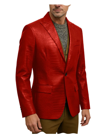 Vintage Men's Crocodile Embossed Leather Blazer Notch Lapel 1 Button Jacket Business Casual Formal Luxury Coat With Flap Pockets