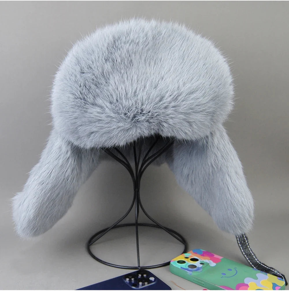 2026 Fashion Men's 100% Natural Rabbit Fur Bomber Hats Winter Russian Man Warm Real Sheepskin Leather Hat Male Real Fur Caps
