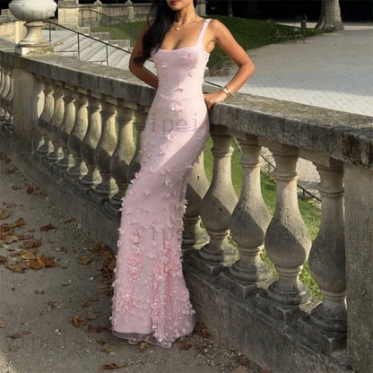 Customized square collar mermaid Evening Dresses spaghetti strap Party Dress 3D Flowers Sequined Lace Appliques Long Prom Gown