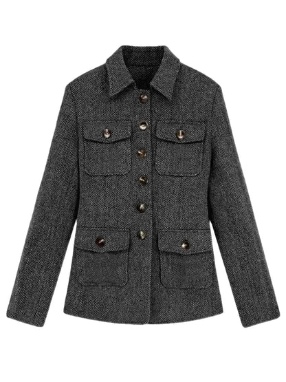 Men's Herringbone Wool Blend Blazer Jacket Notch Collar Utility Multi-Pocket Casual Overcoat For Spring Autumn