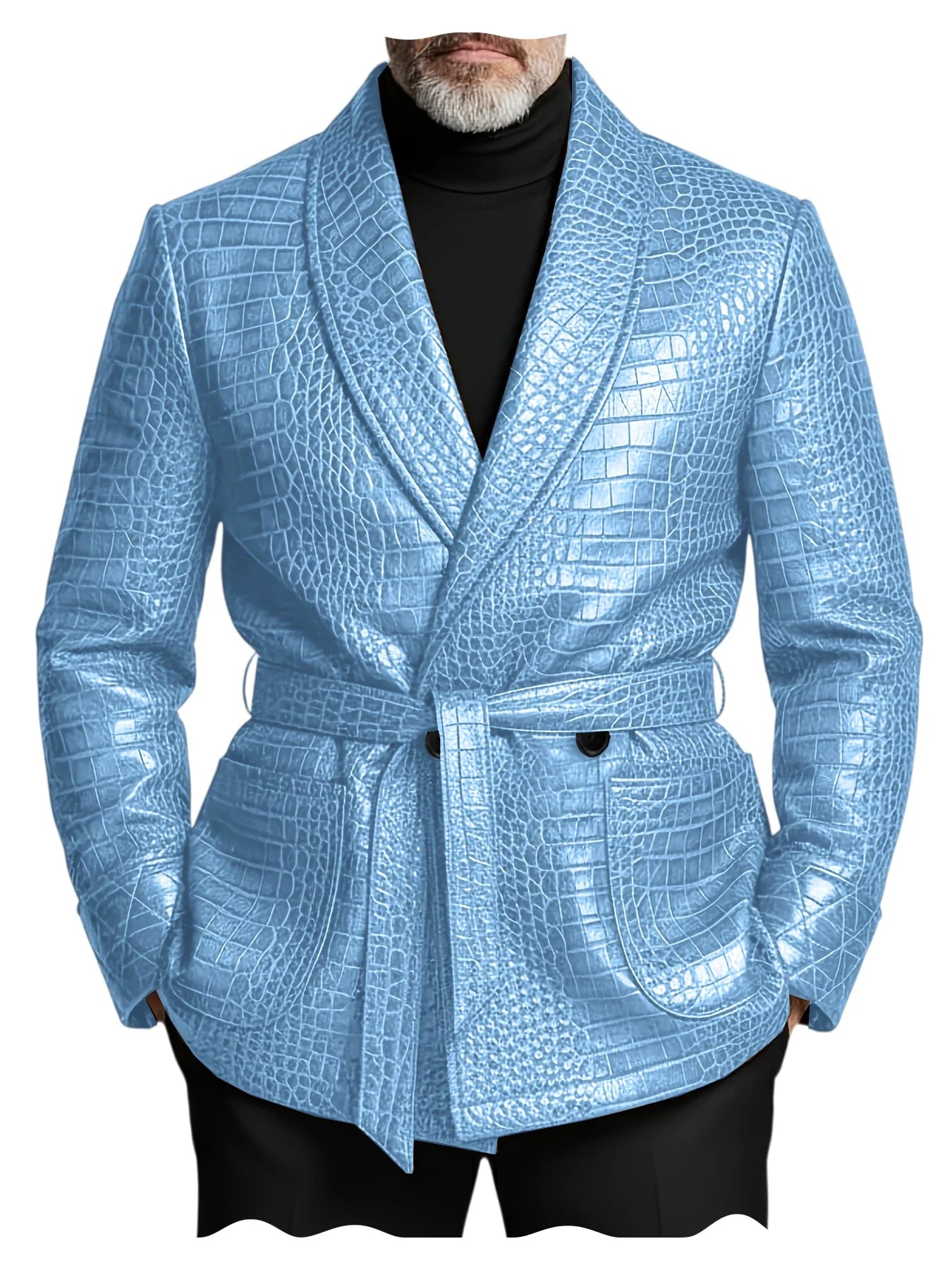  Men's Crocodile Pattern Leather Blazer Double Breasted Belted Shawl Collar Jacket Business Formal Party Wedding Casual Wear