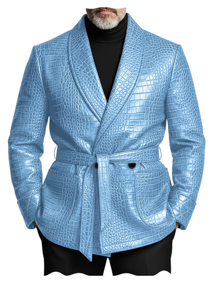  Men's Crocodile Pattern Leather Blazer Double Breasted Belted Shawl Collar Jacket Business Formal Party Wedding Casual Wear