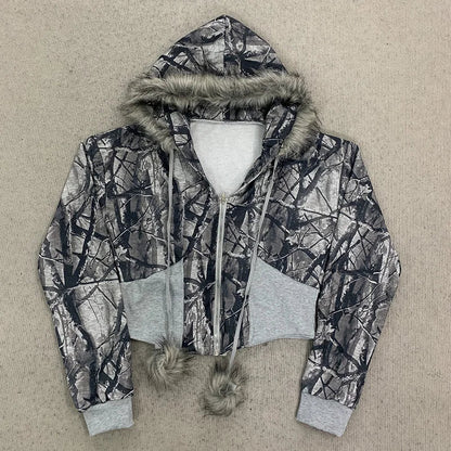 Winter Warm Gothic Print Hoodie Women's Clothin Faux Fur Crop Top Zip-Up Sweatshirt Fashion Y2K Streetwear Hooded Jacket 2026New