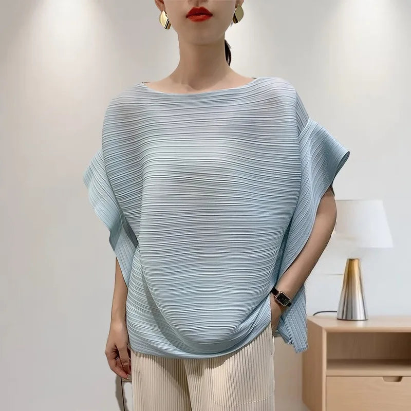 2025 Summer T-shirt Miyake Comfortable Casual Loose Pleated Top Women Short Sleeve Slim Commuter Office Clothes Wrinkle-Free
