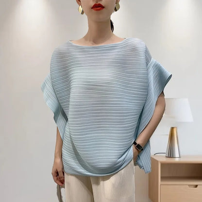 2025 Summer T-shirt Miyake Comfortable Casual Loose Pleated Top Women Short Sleeve Slim Commuter Office Clothes Wrinkle-Free