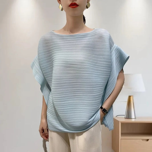 2025 Summer T-shirt Miyake Comfortable Casual Loose Pleated Top Women Short Sleeve Slim Commuter Office Clothes Wrinkle-Free