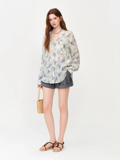2026 Summer Women's Long Sleeve Floral Print V-Neck Shirt - Relaxed Fit Casual Blouse for Daily and Summer Layering