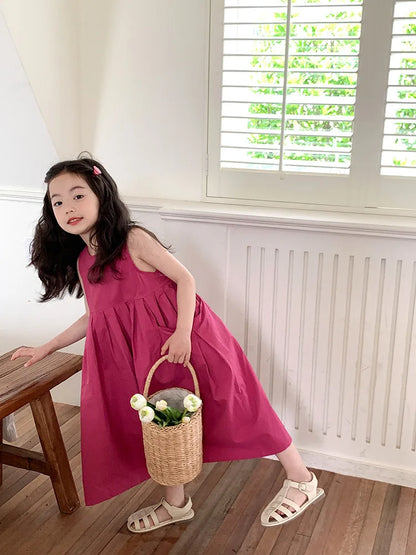 2026 New Summer Children Girls Sleeveless Dress Teen Solid Color Cotton Loose Casual Sundress Kids Vacation Style Princess Dress