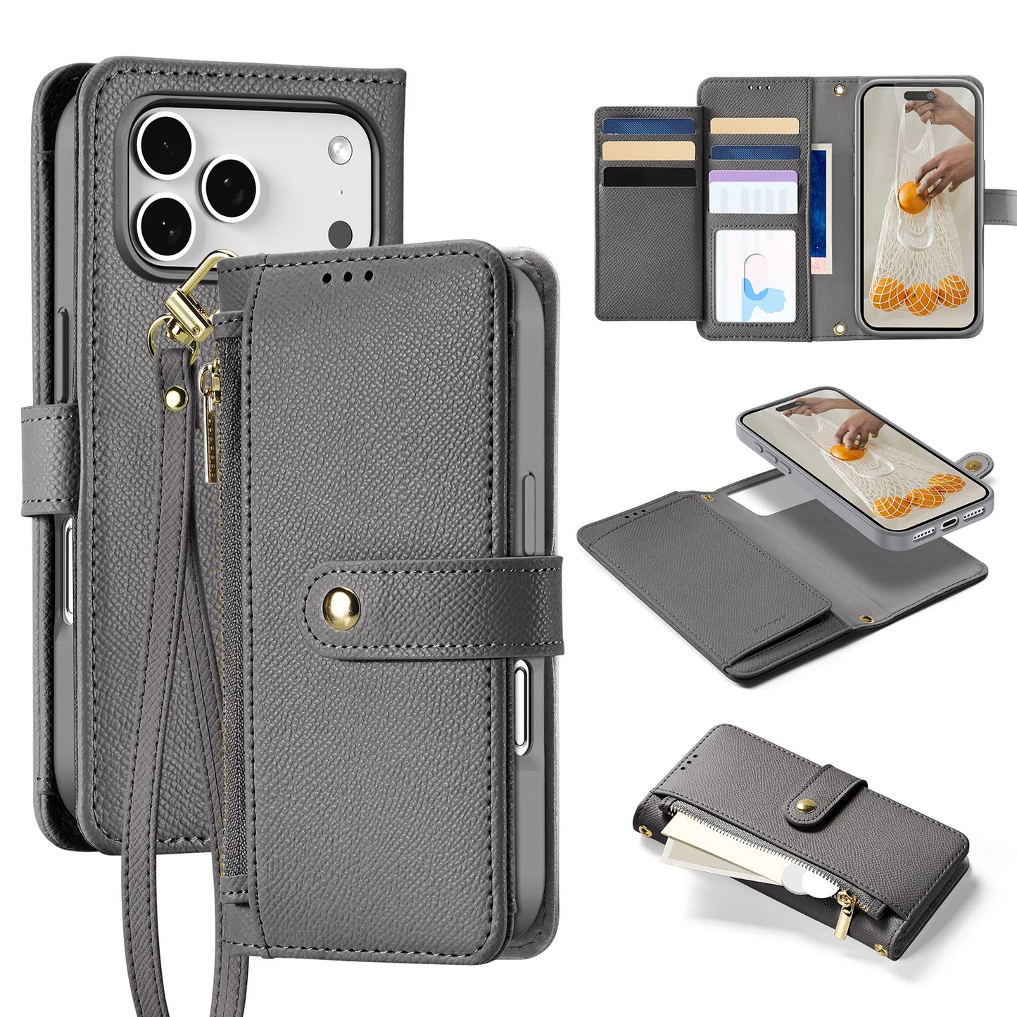 2in1 Magnetic Detachable Wallet Folio Case for iPhone 17 Pro Max/17 Air/16plus 15Leather Cover with Card Slots & Clasp