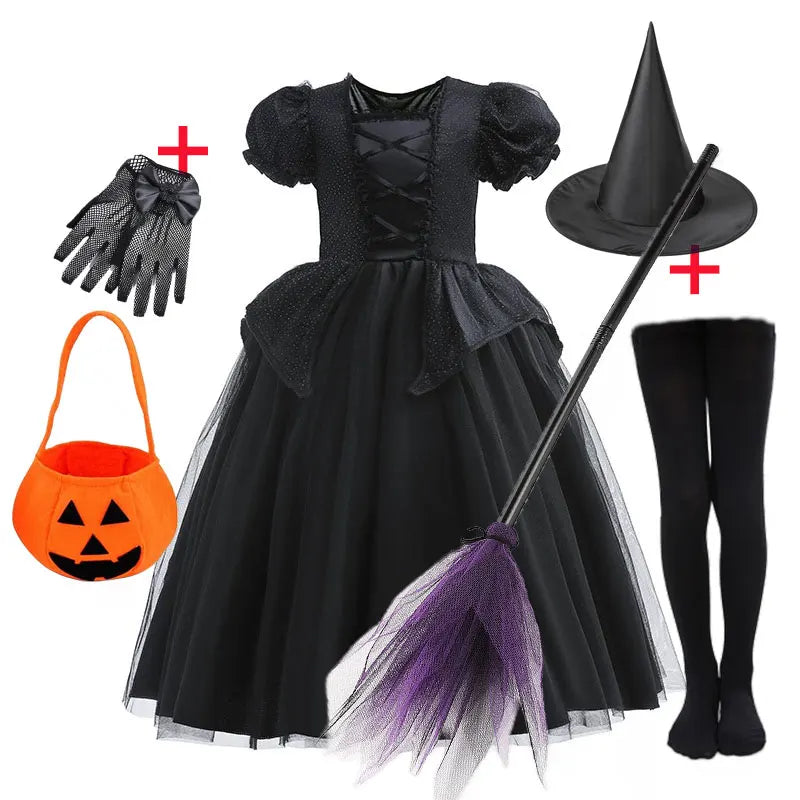 Deluxe Witch Uniform Girl Halloween Costume Evil Wizard Dress with Witch Hat Kid All Saint Day Stage Performance Apparel Vestido