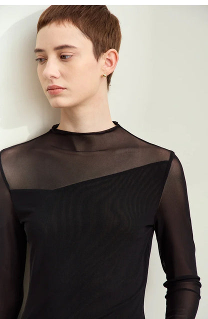 Minimalism Mesh T-shirts For Women 2025 Autumn New Office Lady Half-high Neck Micro Perspective Slim Retro Shirt 12423055