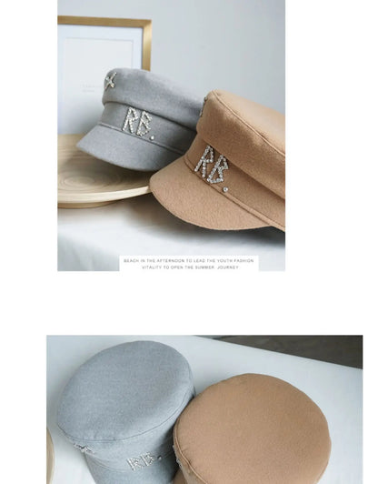 Autumn Winter Newsboy Caps Women Wool Diamond Letter Caps Baker Boy Cap S-XL