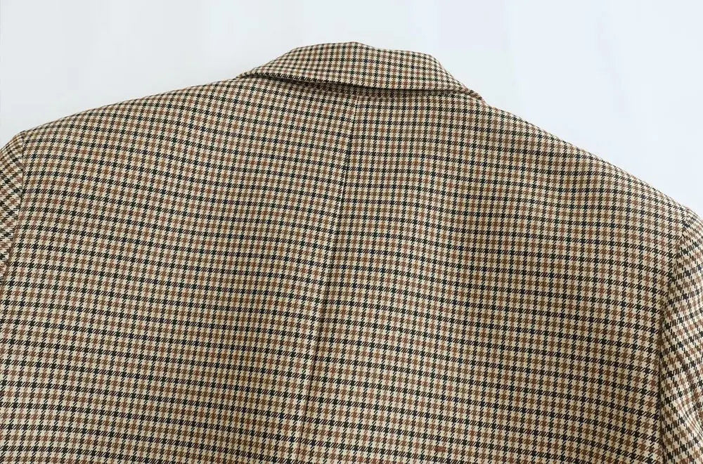 Women Fashion Double Breasted Plaid Blazer Coat Vintage Long Sleeve Flap Pockets Female Outerwear Chic Vestes Femme