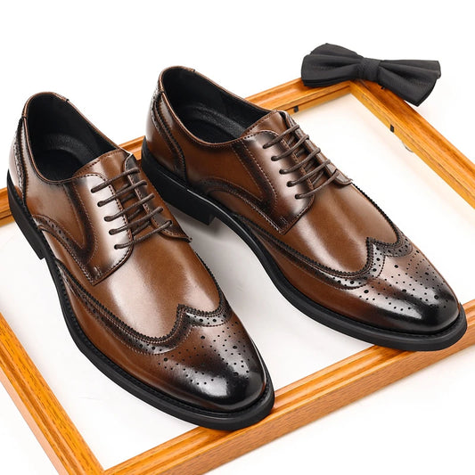 Pointed Toe Vintage Gradient Leather Wingtip Brogue Oxford Dress Shoes Lace Up Formal Business Groom Wedding Office Work Shoes
