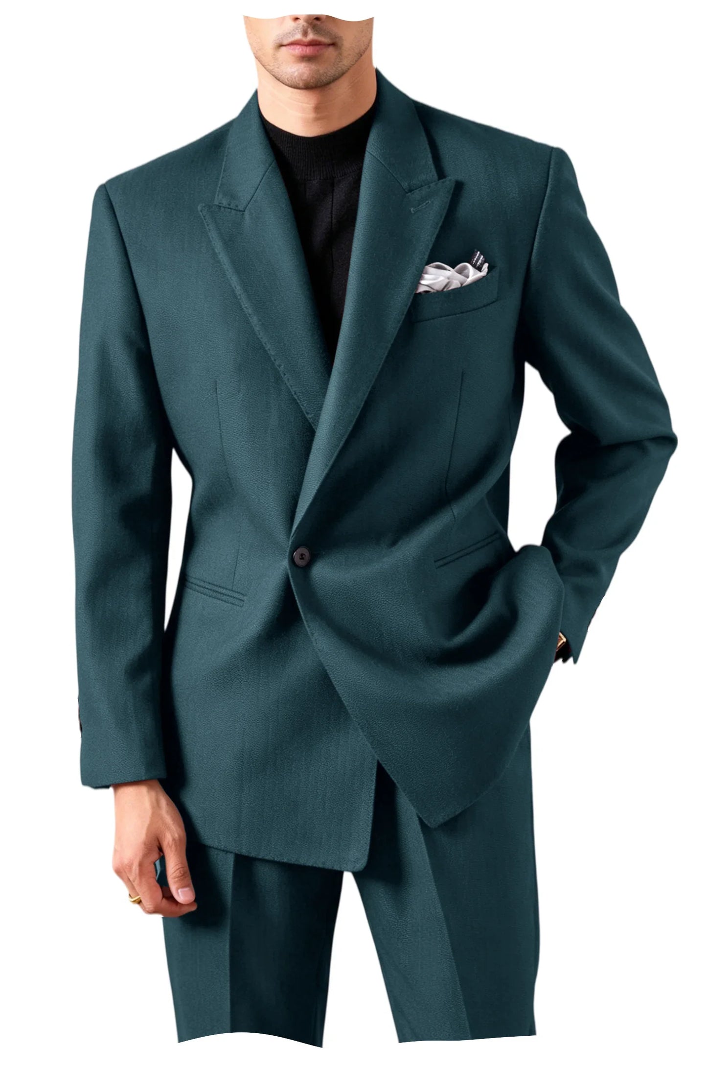 Men's Serge Tuxedo Suit Set One Button Peak Lapel Slim Fit 2 Piece Blazer Pants Casual Business Wedding Formal Outfit
