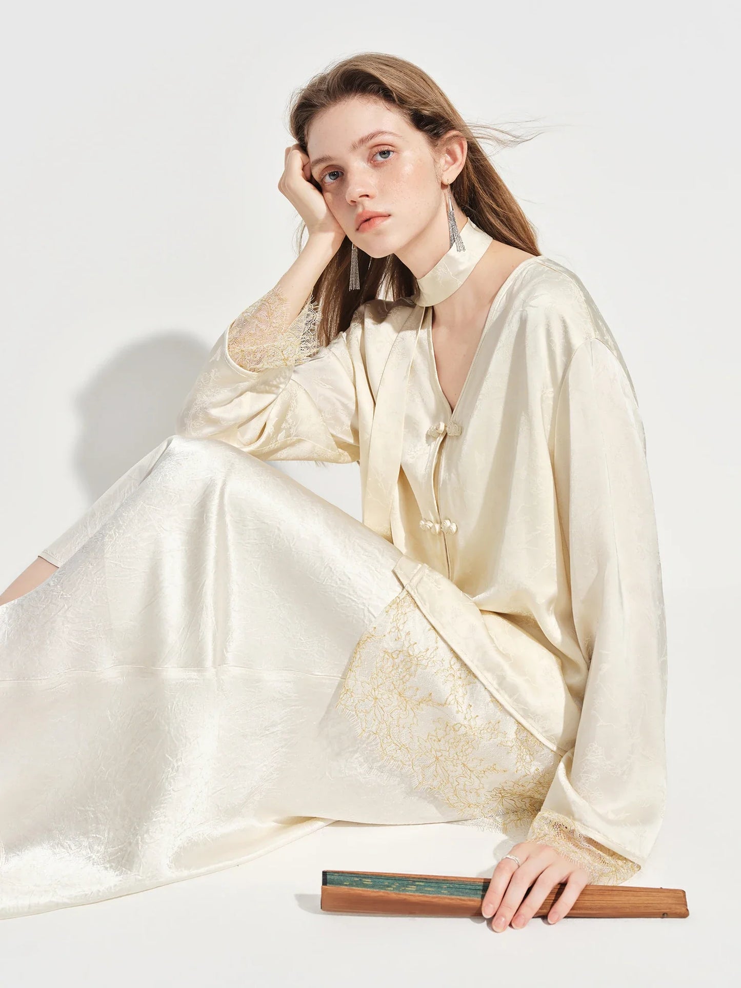 New Chinese-inspired Women's Satin Jacquard V-Neck Blazer Button Closure Acetate Fabric Sash Blouse Spring 2026 New Arrival