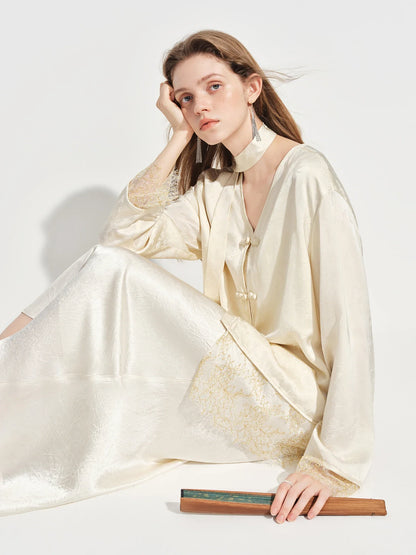New Chinese-inspired Women's Satin Jacquard V-Neck Blazer Button Closure Acetate Fabric Sash Blouse Spring 2026 New Arrival