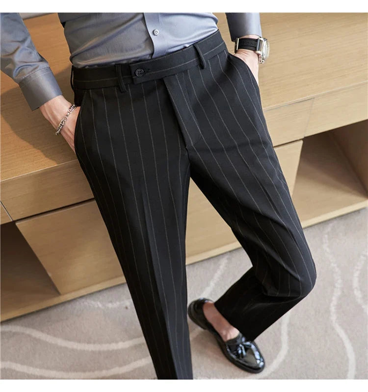 Autumn New Fashion Stripe Men's Suit Pants High Quality Straight Long Classic Business Elegant Slim Fit Casual Trousers 38-29