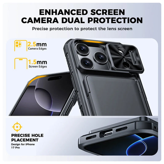 Halloween Gifts With Card Holder Sliding Camera Cover And Stand For iPhone 17 Pro Case,Anti-Fall PC+TPU Wallet Case-Black
