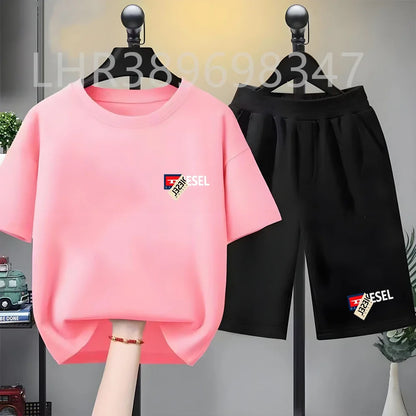 Summer Cool Child Clothes Black Boys Girls Pink Age 3-12 Tee+shorts Suit Children Short Sleeve Brand T-shirts Casual Fashion
