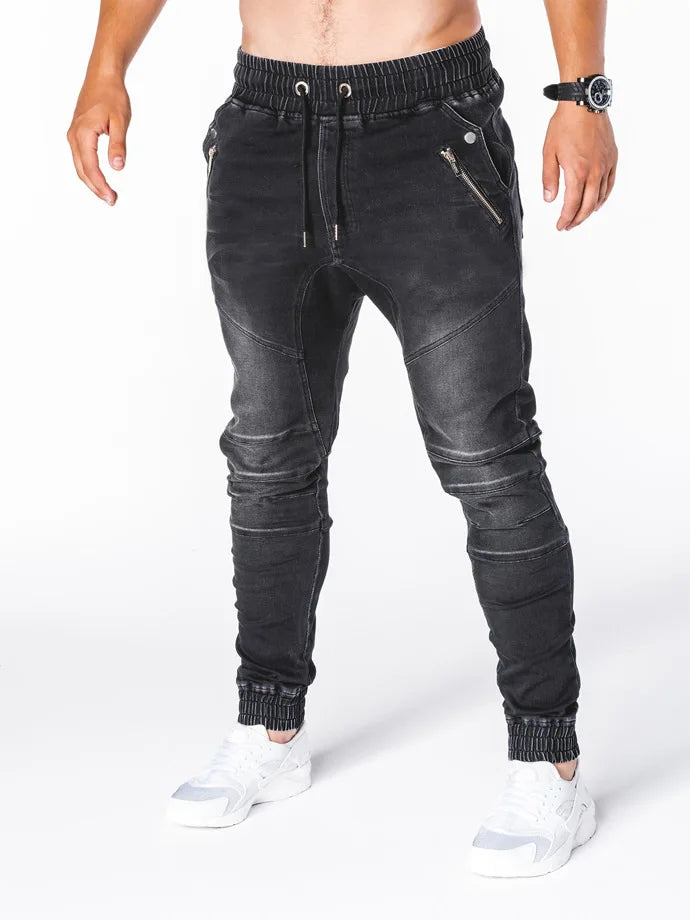 Men Jeans Pencil Pants Elastic Waist Drawstring Lace Up Pockets Washed Distressed Ankle Length Trousers 2025 Streetwear Denims