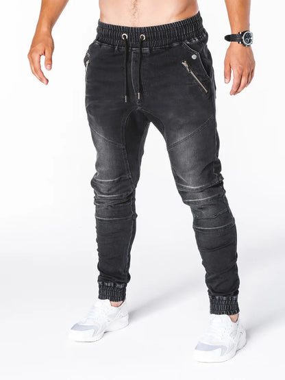 Men Jeans Pencil Pants Elastic Waist Drawstring Lace Up Pockets Washed Distressed Ankle Length Trousers 2025 Streetwear Denims