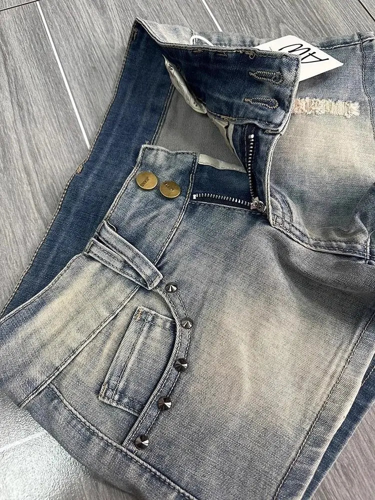 American Retro Washed Worn Denim Shorts Jeans Women's Summer Design Riveted Low-rise Hot Pants Shorts Feminino