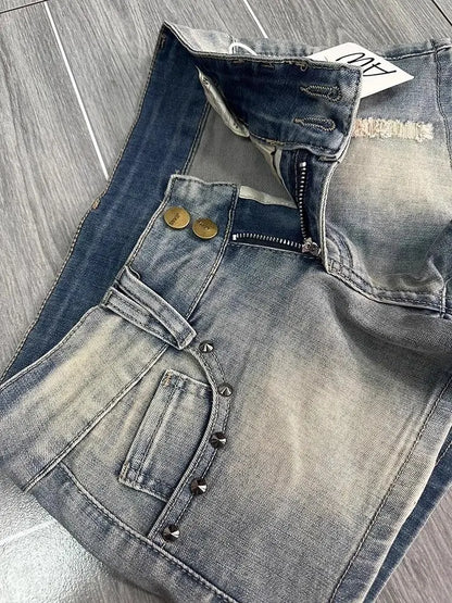 American Retro Washed Worn Denim Shorts Jeans Women's Summer Design Riveted Low-rise Hot Pants Shorts Feminino