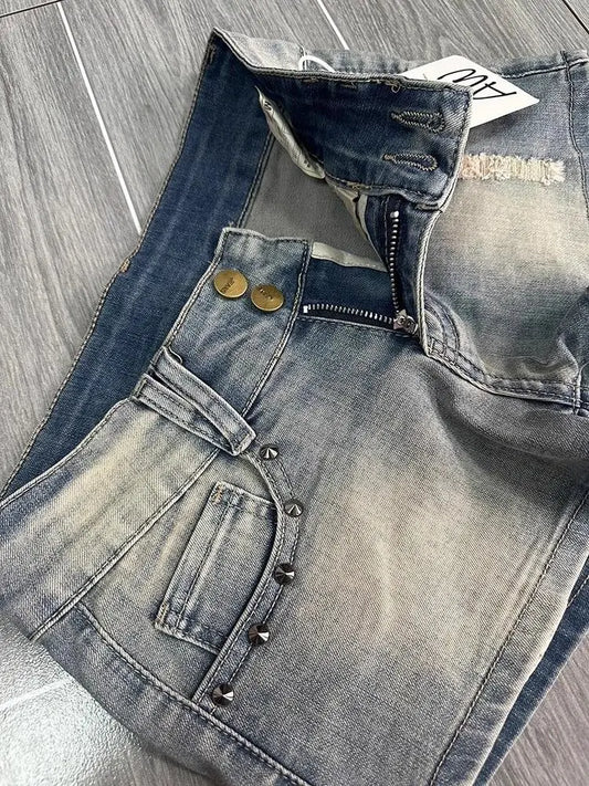 American Retro Washed Worn Denim Shorts Jeans Women's Summer Design Riveted Low-rise Hot Pants Shorts Feminino