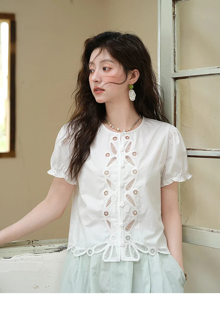 100%Cotton Hollow Embroidery Round Neck Shirt for Women 2025 Summer Puff Sleeve Casual Top Women's Clothing MXE39X1938