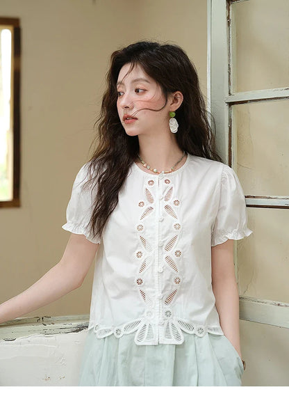 100%Cotton Hollow Embroidery Round Neck Shirt for Women 2025 Summer Puff Sleeve Casual Top Women's Clothing MXE39X1938