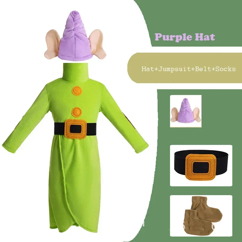 Seven Dwarf Man Costume Snow Princess Outfit Christmas Child Boys Girls Big Ears Elf Pixie Cosplay Santa Party Clothes For Kids