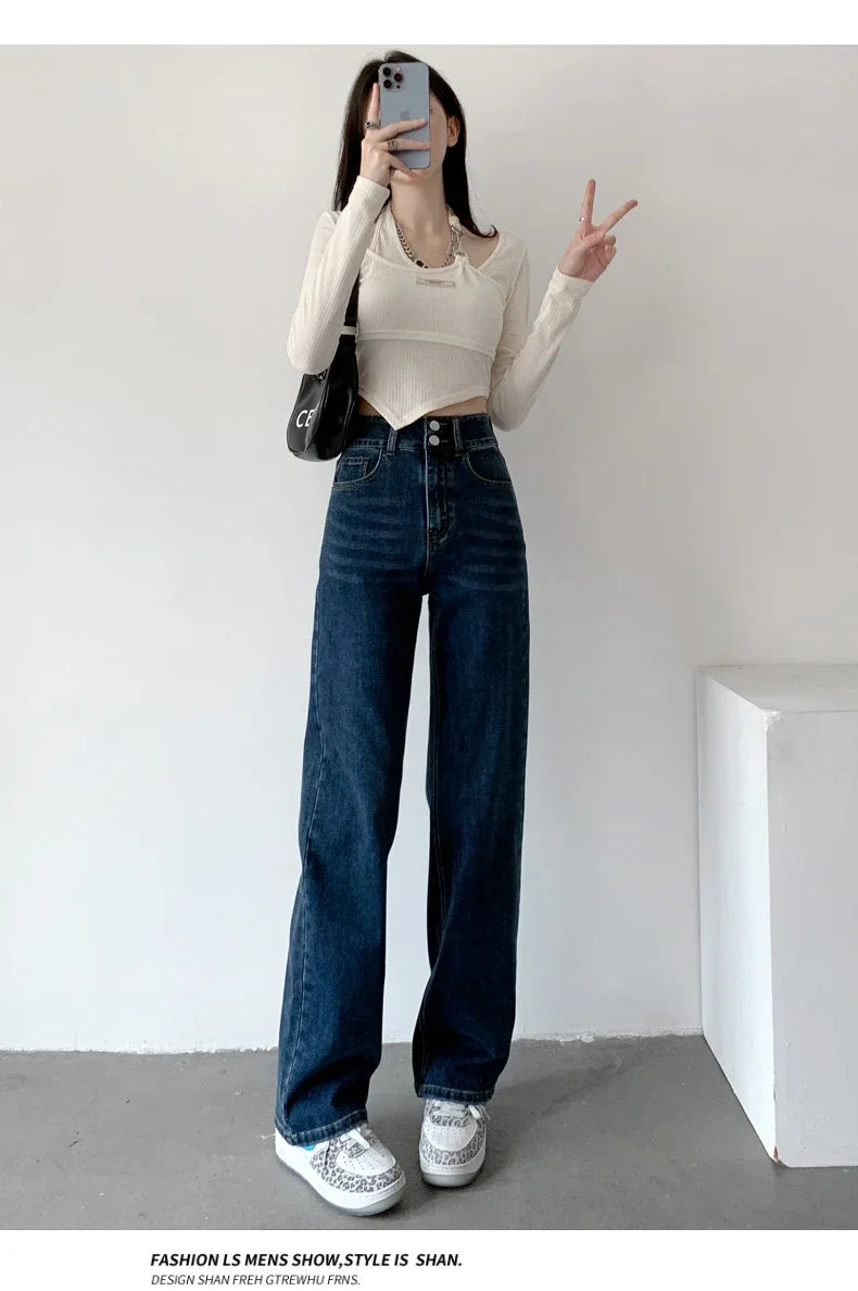 Loose Straight Women's Jeans Fashion Stretch Soft Drape Multi-button High Waist Denim Trousers Street Fashion Female Clothing