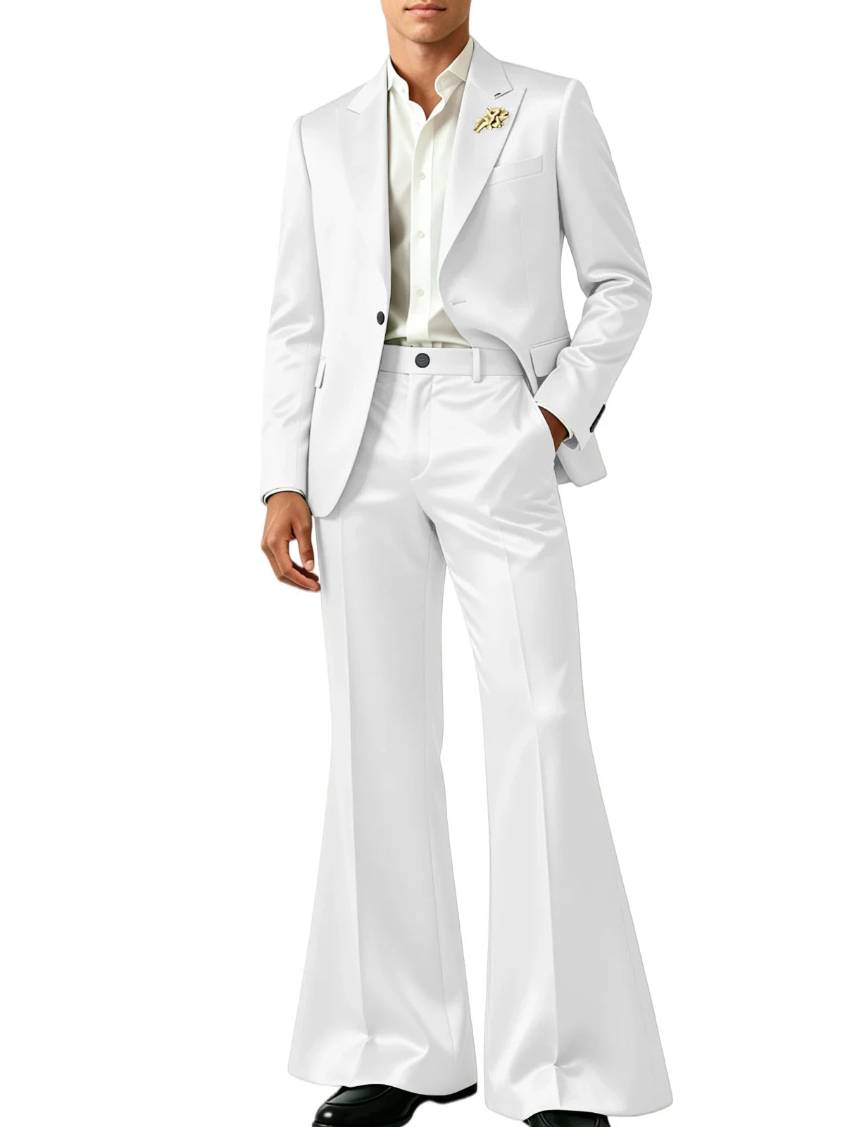 Luxury Men's Shiny Satin Suit 2 Piece Notch Lapel 1 button Jacket Wide Leg Flared Pants Wedding Groom Tuxedo Formal Party