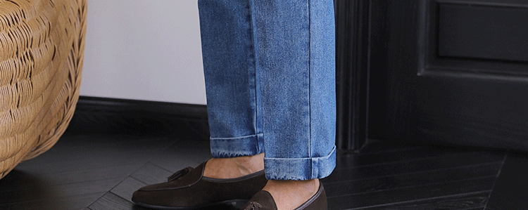 Italian Style Men's High Waist Business Neapolitan Jeans Draped Cuffed Straight Leg Western Pants Youth Trendy Wear Resistant