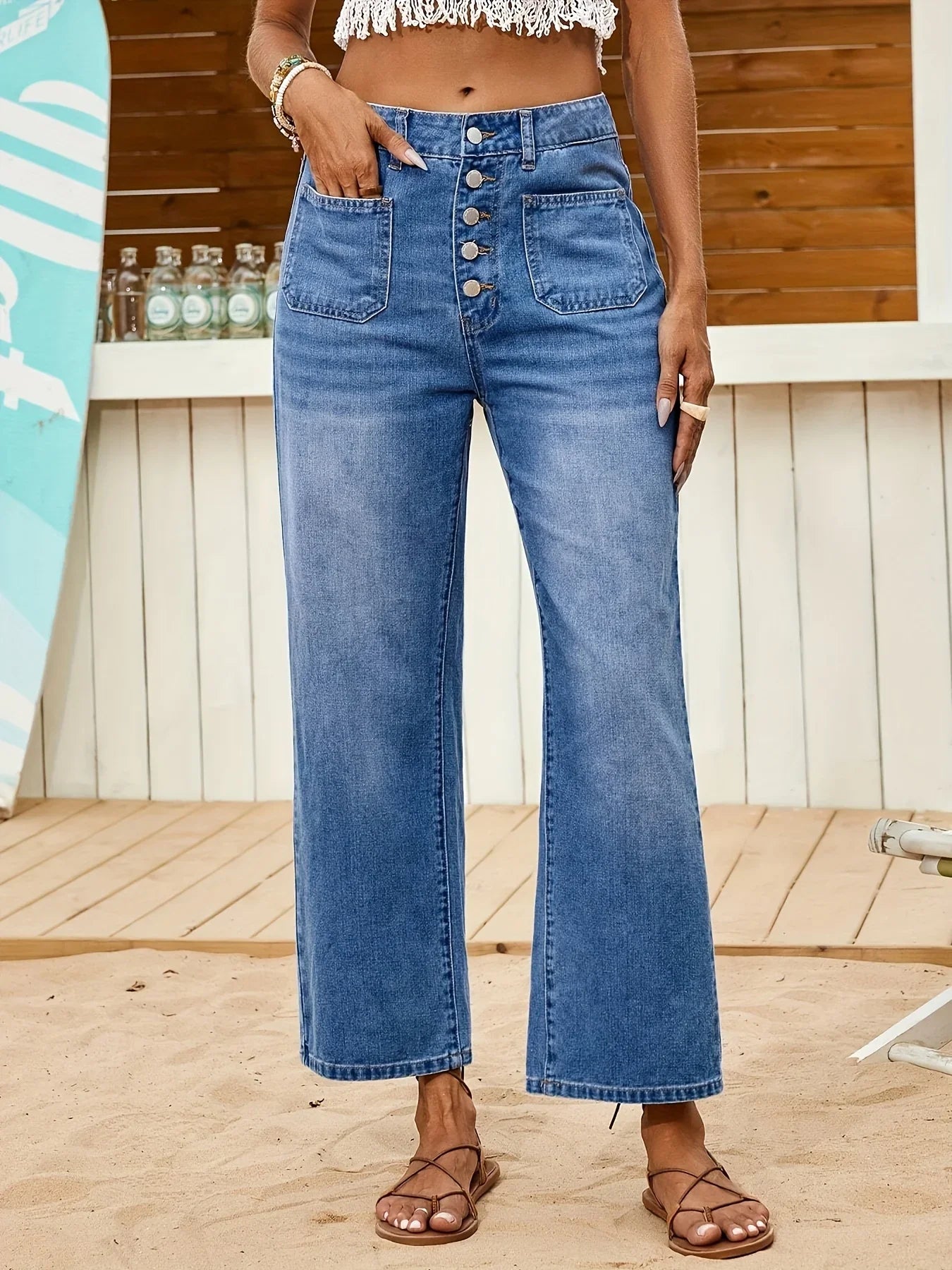 Women's Casual Loose Stretch Denim Pants Front Button Comfortable Washed Nine-Inch Long Trousers