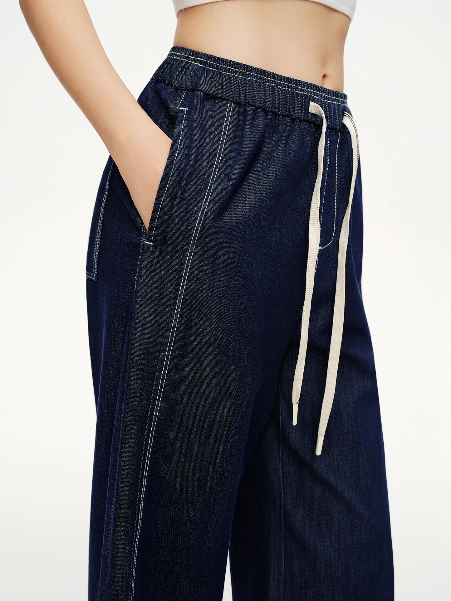 2026 Spring Women's Contrast Topstitching Straight Leg Jeans, Elastic Drawstring Waist Casual Pants for Y2K Street Style
