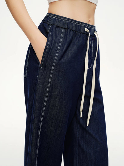 2026 Spring Women's Contrast Topstitching Straight Leg Jeans, Elastic Drawstring Waist Casual Pants for Y2K Street Style
