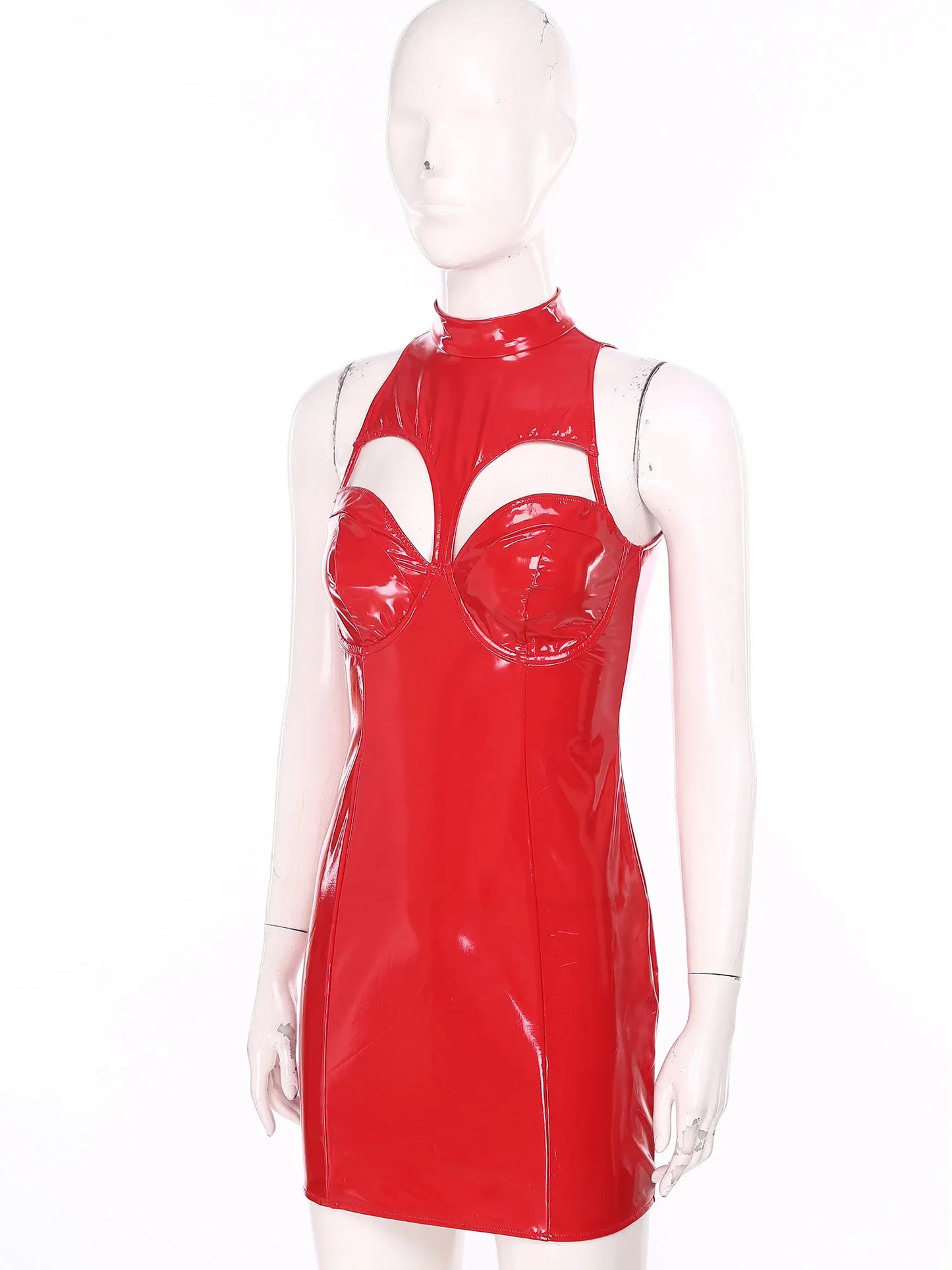 Womens Wet Look PU Latex Mini Dress Mock Neck Sleeveless Hollow-out Push-up Bra Bodycon Dress Tube Dress for Pole Raves Clubwear