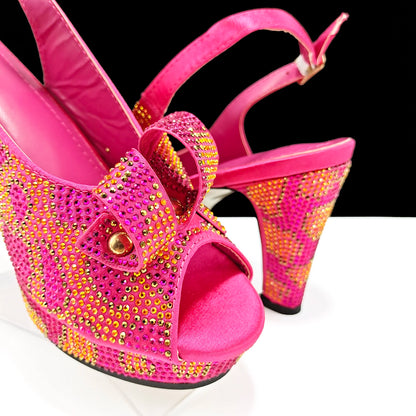 Italian Design Hard Bag & Open Toe High Heels Set Fuchsia Color Blocking Hot Rhinestones Fashion Sexy Women High Heels