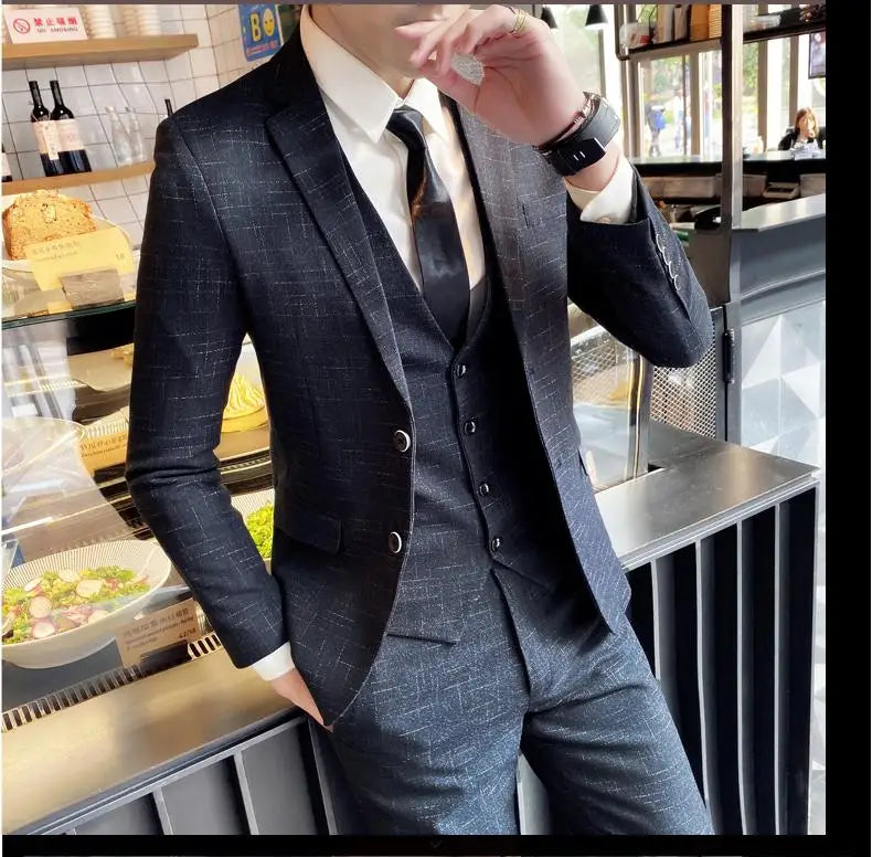 2023 Men's British Fashion Three-piece Set Slim Fit Suit Vest Trousers Ensemble Handsome Trendy All-in-one Banquet Blaze