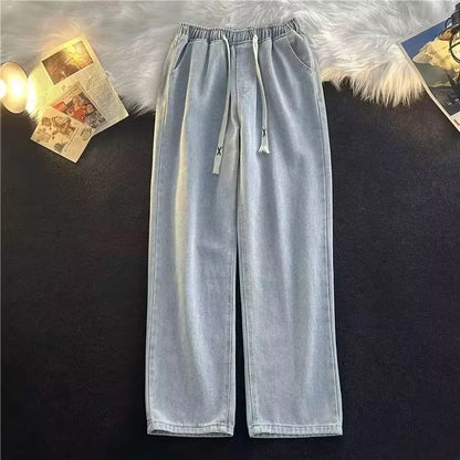 Casual Loose Straight Leg Men's Jeans Drawstring Elastic Waist Wide Leg Long Trousers High Street Fashion Denim Pants