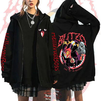 Helluva Boss Print Hooded Zipper Men Women Casual Fashion Fall Winter Warm Vintage Long Sleeve Tops Fleece Zip-Up Sweatshirts
