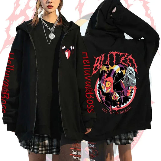 Helluva Boss Print Hooded Zipper Men Women Casual Fashion Fall Winter Warm Vintage Long Sleeve Tops Fleece Zip-Up Sweatshirts